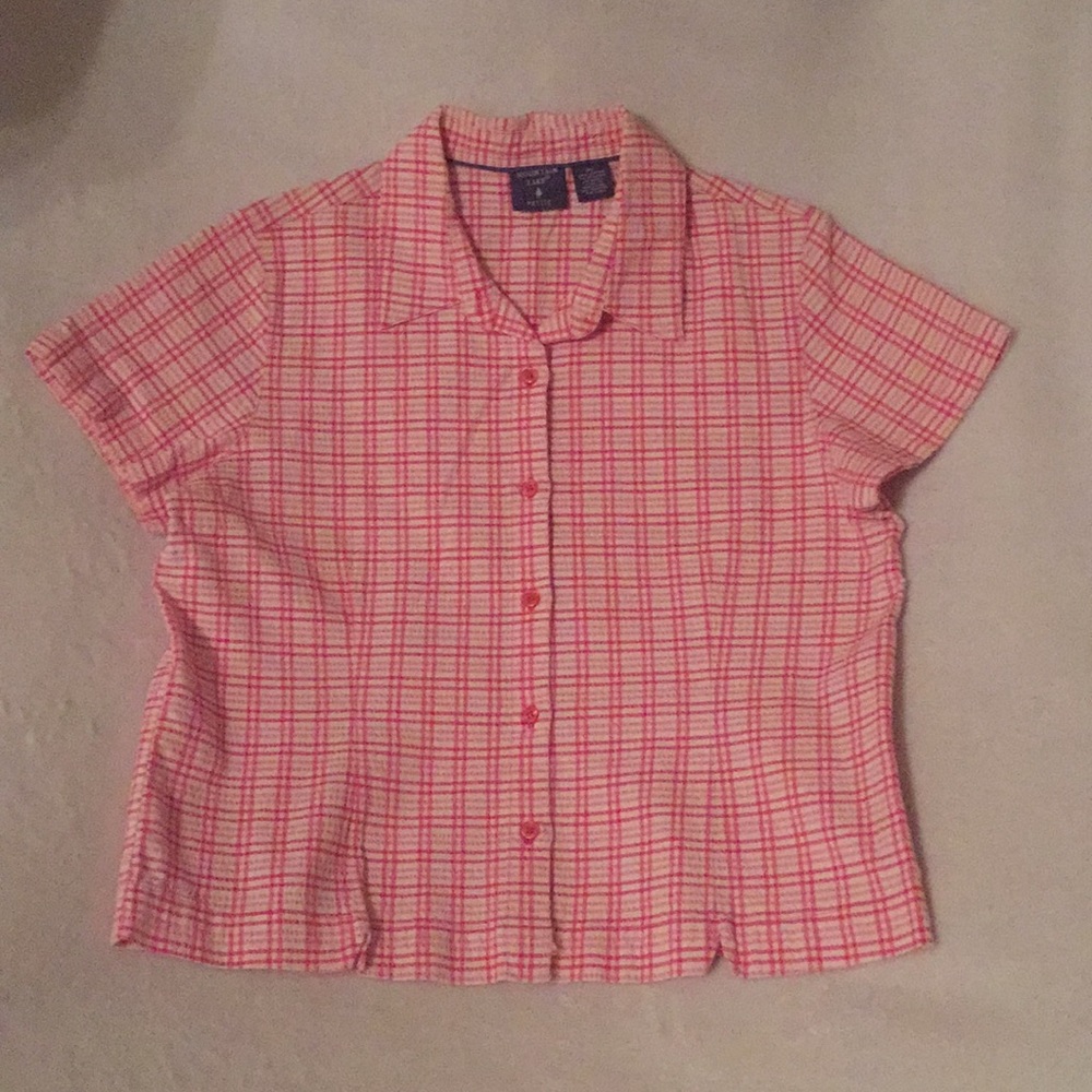 Seersucker plaid pink blouse